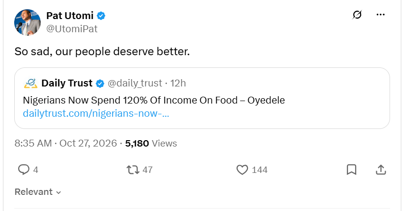 Our people deserve better - Utomi slams Tinubu's administration after Finance Minister disclosed Nigerians spend 120% of income on food